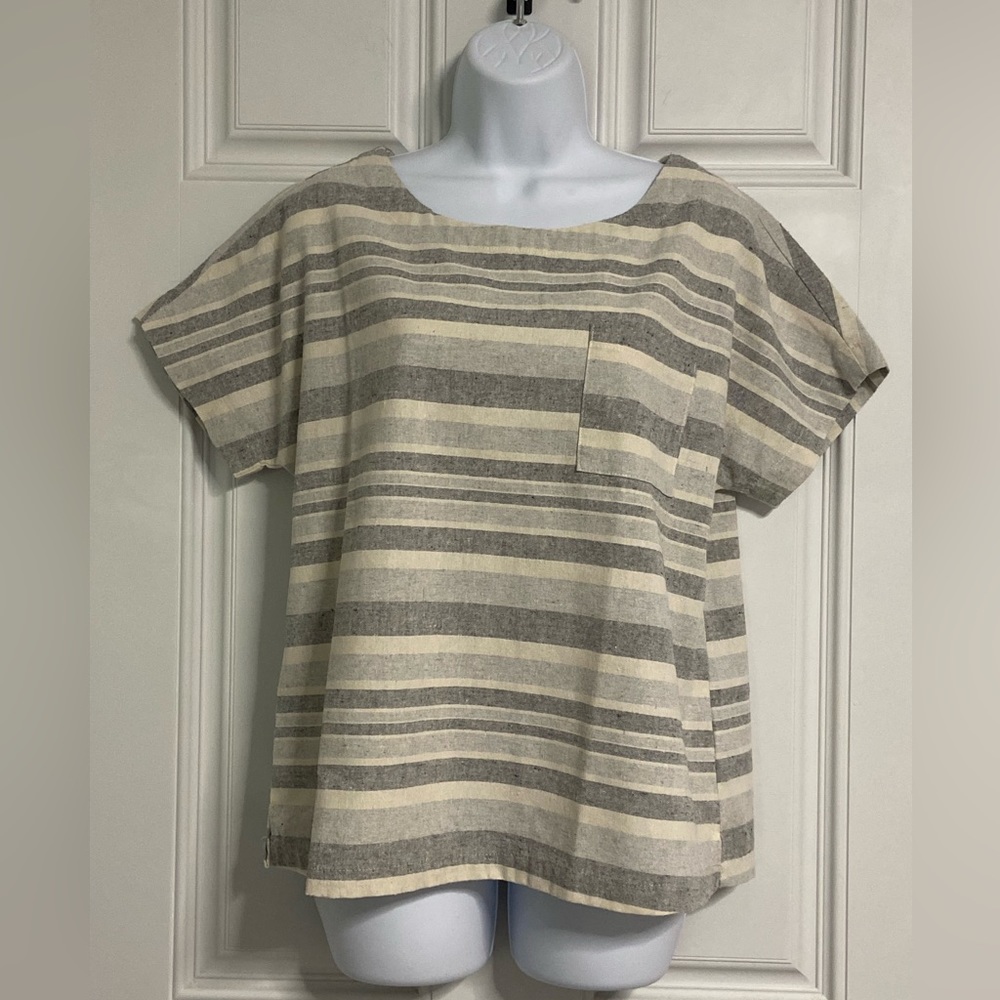 T5a- LINEN LUX Gray-Cream Striped LINEN Top